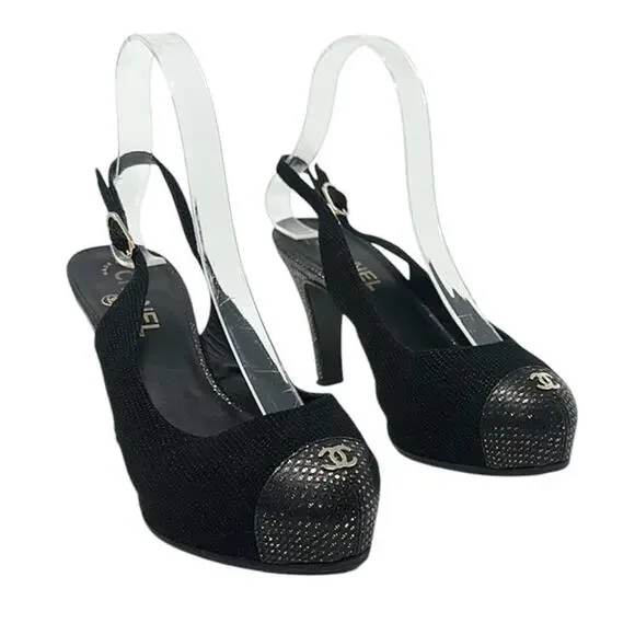 Chanel Tweed Slingback Cap Toe CC Logo Pumps Black Size 38 - Picture 2 of 12